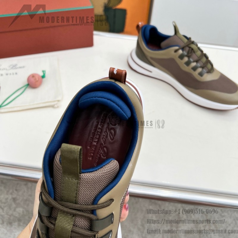 Loro Piana FAM1718-F6T5 Olive Green Sneakers Front View with Brown Detailing