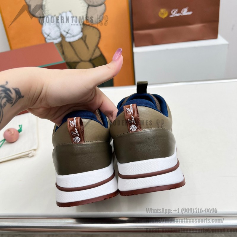 Loro Piana FAM1718-F6T5 Olive Green Sneakers Front View with Brown Detailing