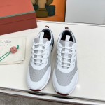 Loro Piana FAM1718-1000 White Leather Sneakers Loro Piana FAM1718-1000 White Sneakers Front View with Red Detailing