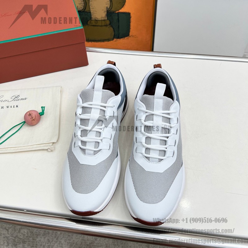 Loro Piana FAM1718-1000 White Leather Sneakers Loro Piana FAM1718-1000 White Sneakers Front View with Red Detailing
