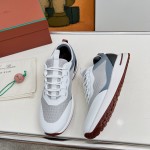 Loro Piana FAM1718-1000 White Leather Sneakers Loro Piana FAM1718-1000 White Sneakers Front View with Red Detailing