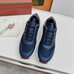 Loro Piana FAM1718-F3DW Navy Blue Leather Sneakers Loro Piana FAM1718-F3DW Navy Blue Sneakers Front View with Grey and Brown Detailing