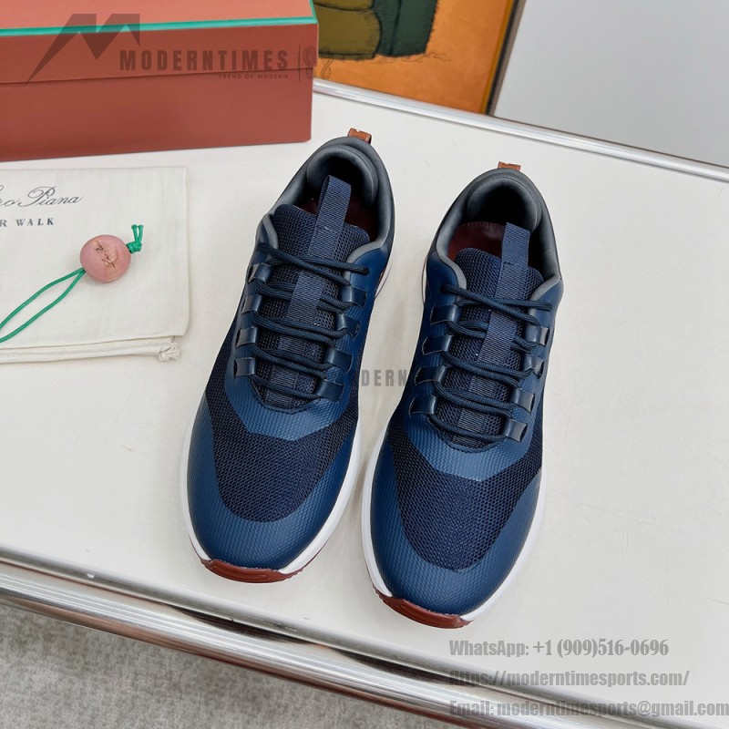 Loro Piana FAM1718-F3DW Navy Blue Leather Sneakers Loro Piana FAM1718-F3DW Navy Blue Sneakers Front View with Grey and Brown Detailing