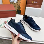 Loro Piana FAM1718-F3DW Navy Blue Leather Sneakers Loro Piana FAM1718-F3DW Navy Blue Sneakers Front View with Grey and Brown Detailing