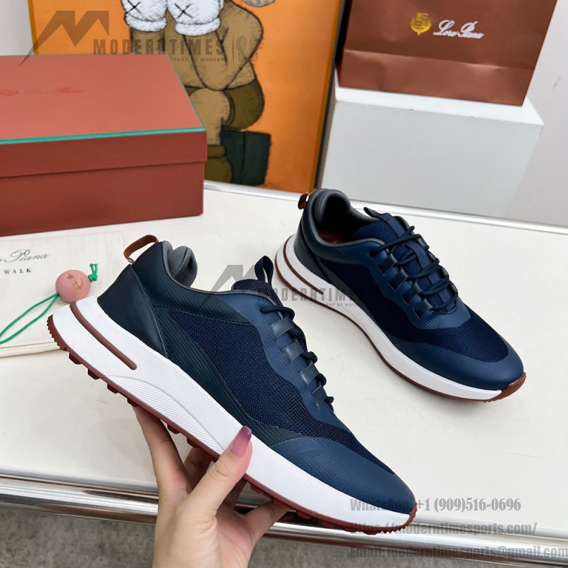 Loro Piana FAM1718-F3DW Navy Blue Leather Sneakers Loro Piana FAM1718-F3DW Navy Blue Sneakers Front View with Grey and Brown Detailing