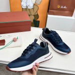 Loro Piana FAM1718-F3DW Navy Blue Leather Sneakers Loro Piana FAM1718-F3DW Navy Blue Sneakers Front View with Grey and Brown Detailing