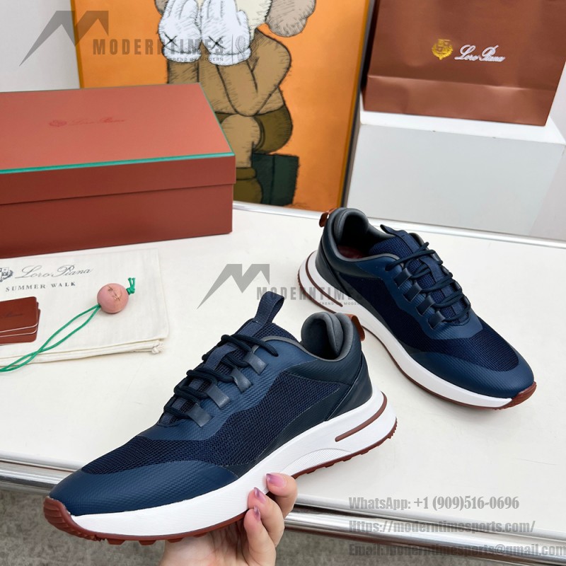 Loro Piana FAM1718-F3DW Navy Blue Leather Sneakers Loro Piana FAM1718-F3DW Navy Blue Sneakers Front View with Grey and Brown Detailing