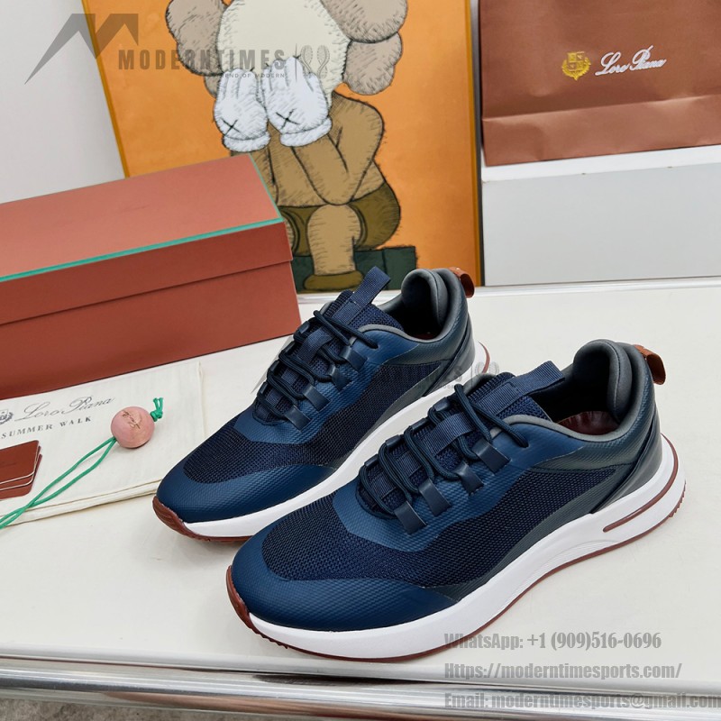 Loro Piana FAM1718-F3DW Navy Blue Leather Sneakers Loro Piana FAM1718-F3DW Navy Blue Sneakers Front View with Grey and Brown Detailing
