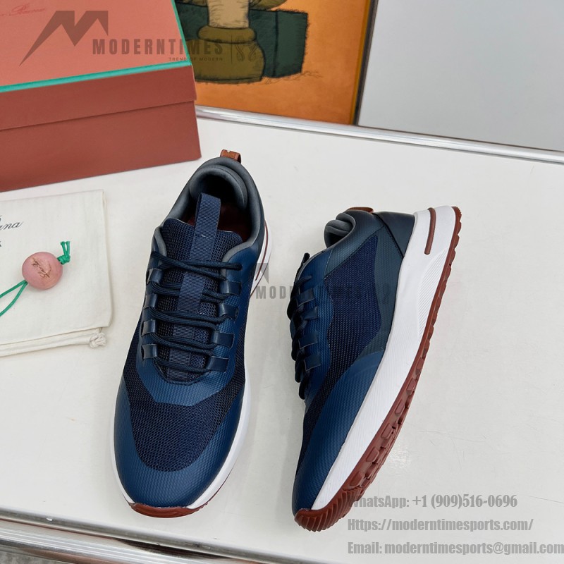 Loro Piana FAM1718-F3DW Navy Blue Leather Sneakers Loro Piana FAM1718-F3DW Navy Blue Sneakers Front View with Grey and Brown Detailing
