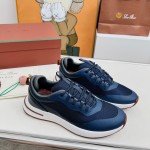 Loro Piana FAM1718-F3DW Navy Blue Leather Sneakers Loro Piana FAM1718-F3DW Navy Blue Sneakers Front View with Grey and Brown Detailing