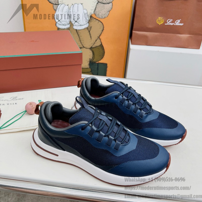 Loro Piana FAM1718-F3DW Navy Blue Leather Sneakers Loro Piana FAM1718-F3DW Navy Blue Sneakers Front View with Grey and Brown Detailing