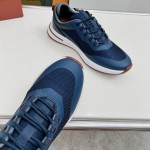 Loro Piana FAM1718-F3DW Navy Blue Leather Sneakers Loro Piana FAM1718-F3DW Navy Blue Sneakers Front View with Grey and Brown Detailing