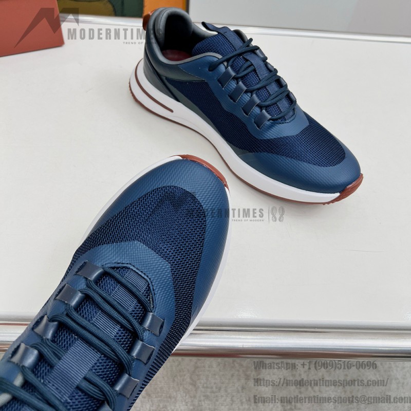 Loro Piana FAM1718-F3DW Navy Blue Leather Sneakers Loro Piana FAM1718-F3DW Navy Blue Sneakers Front View with Grey and Brown Detailing