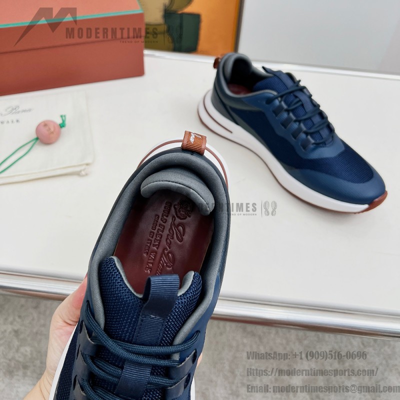 Loro Piana FAM1718-F3DW Navy Blue Leather Sneakers Loro Piana FAM1718-F3DW Navy Blue Sneakers Front View with Grey and Brown Detailing