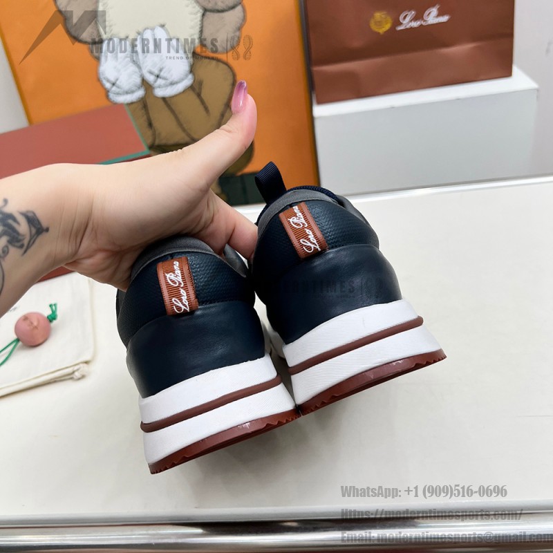 Loro Piana FAM1718-F3DW Navy Blue Leather Sneakers Loro Piana FAM1718-F3DW Navy Blue Sneakers Front View with Grey and Brown Detailing