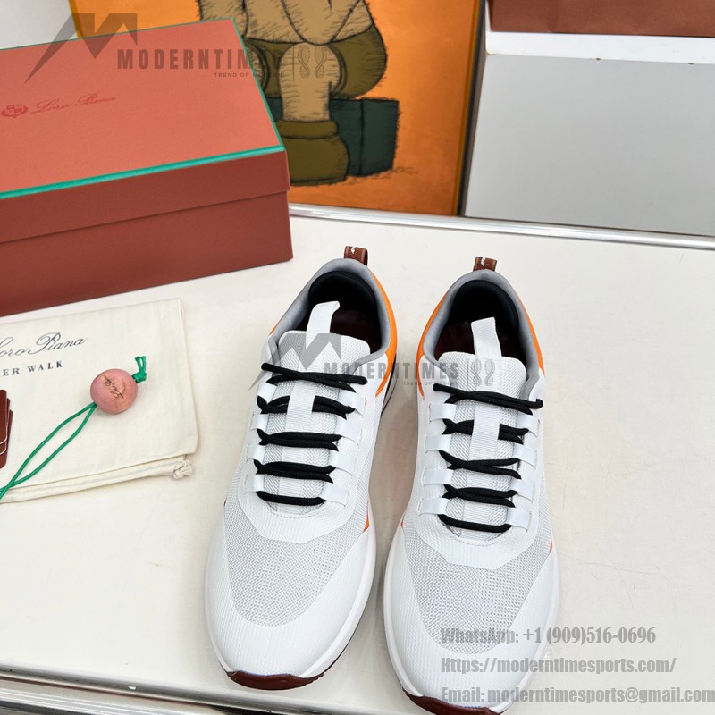 Loro Piana FAM1718-1000 White Leather Sneakers Loro Piana FAM1718-1000 White Sneakers Front View with Red Detailing