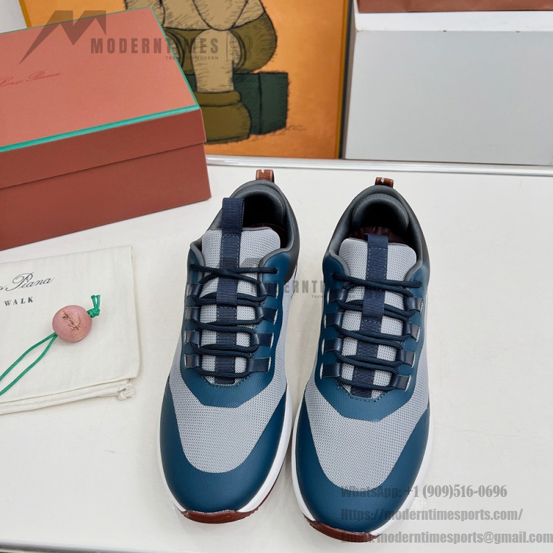 Loro Piana FAM1718-F3DW Navy Blue Leather Sneakers Loro Piana FAM1718-F3DW Navy Blue Sneakers Front View with Grey and Brown Detailing