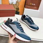 Loro Piana FAM1718-F3DW Navy Blue Leather Sneakers Loro Piana FAM1718-F3DW Navy Blue Sneakers Front View with Grey and Brown Detailing