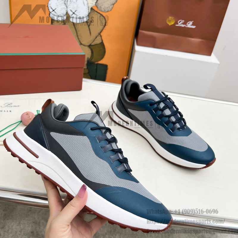 Loro Piana FAM1718-F3DW Navy Blue Leather Sneakers Loro Piana FAM1718-F3DW Navy Blue Sneakers Front View with Grey and Brown Detailing
