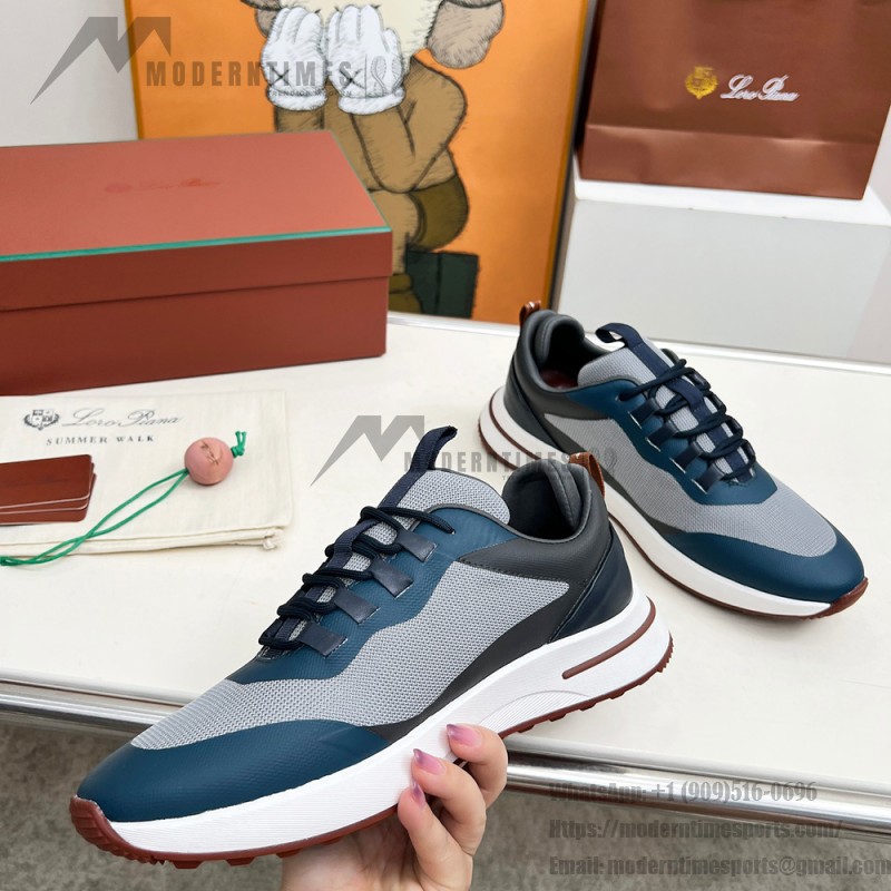 Loro Piana FAM1718-F3DW Navy Blue Leather Sneakers Loro Piana FAM1718-F3DW Navy Blue Sneakers Front View with Grey and Brown Detailing