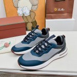 Loro Piana FAM1718-F3DW Navy Blue Leather Sneakers Loro Piana FAM1718-F3DW Navy Blue Sneakers Front View with Grey and Brown Detailing