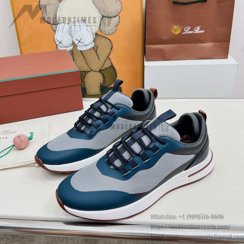 Loro Piana FAM1718-F3DW Navy Blue Leather Sneakers Loro Piana FAM1718-F3DW Navy Blue Sneakers Front View with Grey and Brown Detailing