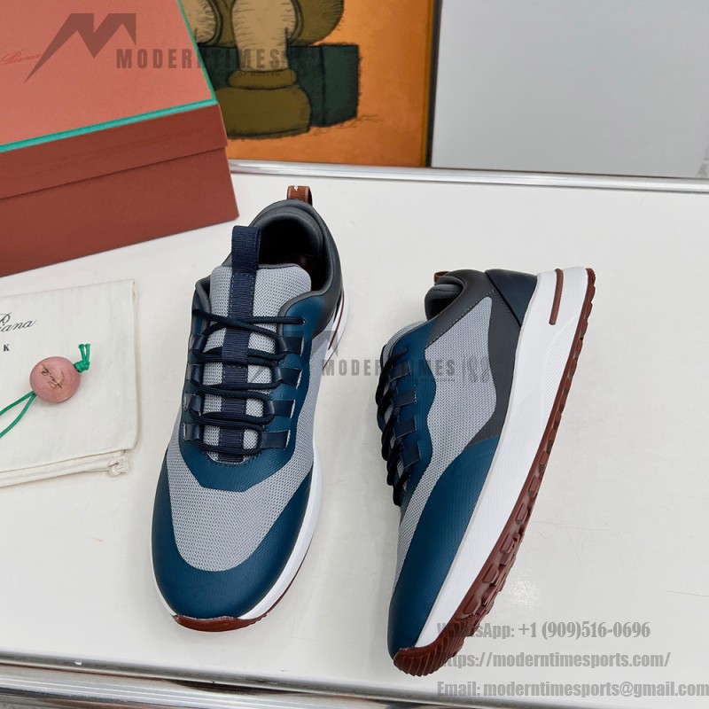 Loro Piana FAM1718-F3DW Navy Blue Leather Sneakers Loro Piana FAM1718-F3DW Navy Blue Sneakers Front View with Grey and Brown Detailing