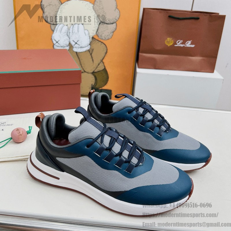 Loro Piana FAM1718-F3DW Navy Blue Leather Sneakers Loro Piana FAM1718-F3DW Navy Blue Sneakers Front View with Grey and Brown Detailing
