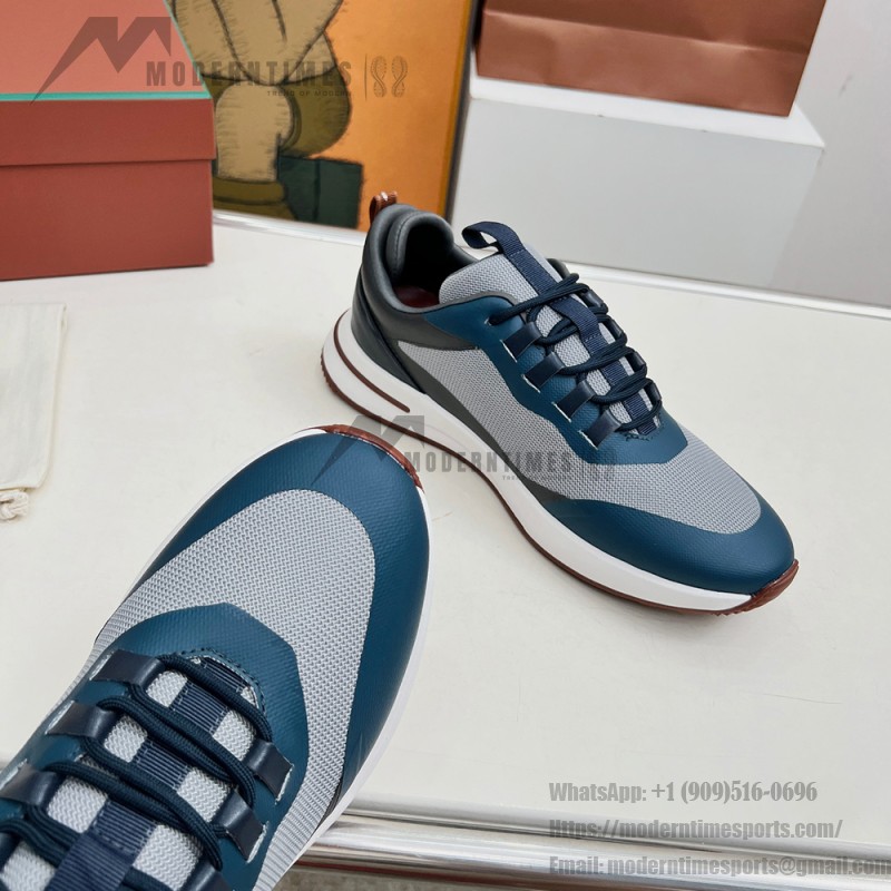 Loro Piana FAM1718-F3DW Navy Blue Leather Sneakers Loro Piana FAM1718-F3DW Navy Blue Sneakers Front View with Grey and Brown Detailing