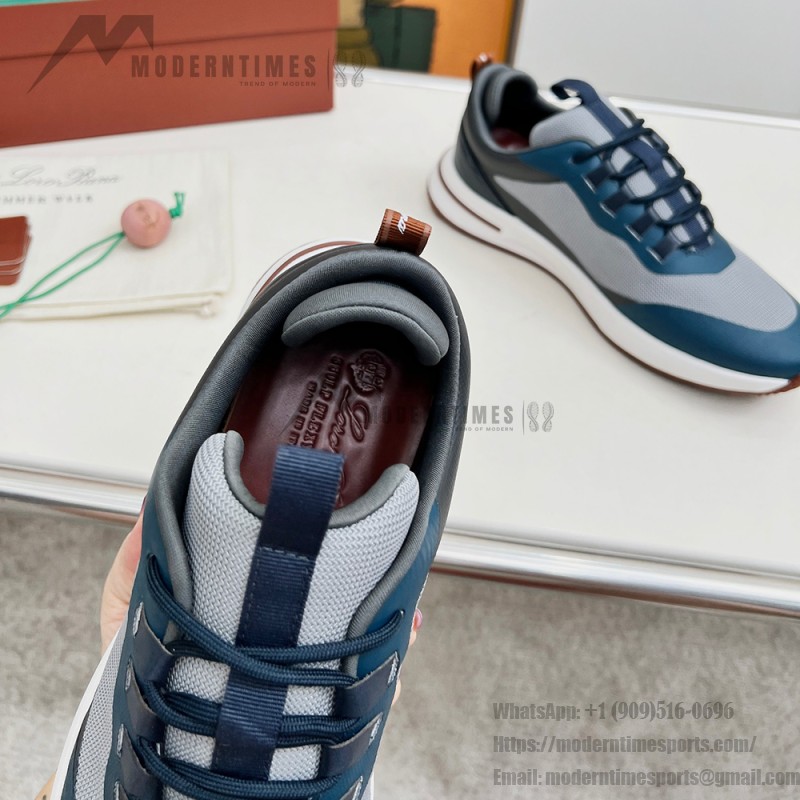 Loro Piana FAM1718-F3DW Navy Blue Leather Sneakers Loro Piana FAM1718-F3DW Navy Blue Sneakers Front View with Grey and Brown Detailing