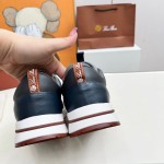 Loro Piana FAM1718-F3DW Navy Blue Leather Sneakers Loro Piana FAM1718-F3DW Navy Blue Sneakers Front View with Grey and Brown Detailing