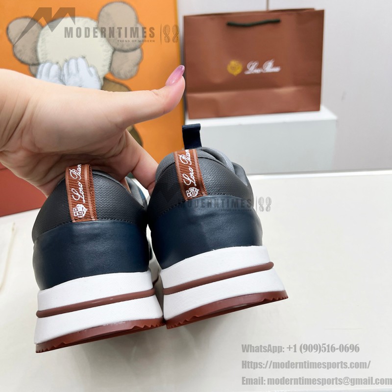 Loro Piana FAM1718-F3DW Navy Blue Leather Sneakers Loro Piana FAM1718-F3DW Navy Blue Sneakers Front View with Grey and Brown Detailing