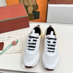 Loro Piana FAM1718-1000 White Leather Sneakers Loro Piana FAM1718-1000 White Sneakers Front View with Red Detailing