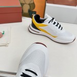 Loro Piana FAM1718-1000 White Leather Sneakers Loro Piana FAM1718-1000 White Sneakers Front View with Red Detailing