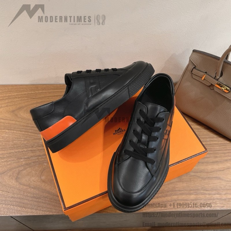 HERMES black leather low-top sneakers unisex luxury shoes