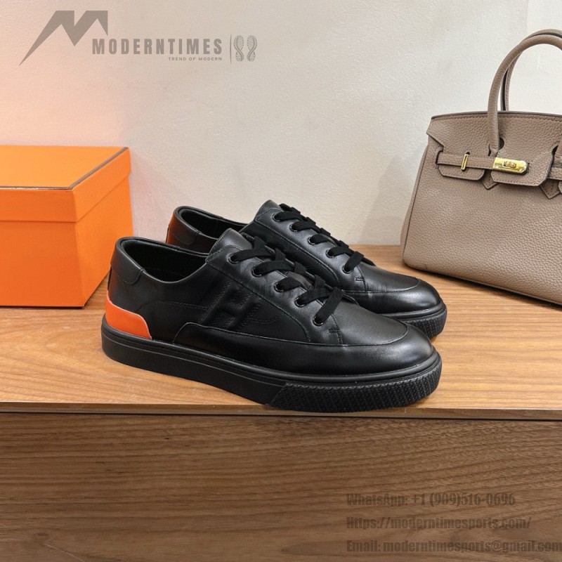 HERMES black leather low-top sneakers unisex luxury shoes
