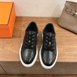 HERMES black leather low-top sneakers unisex luxury shoes
