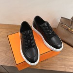 HERMES black leather low-top sneakers unisex luxury shoes