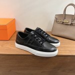 HERMES black leather low-top sneakers unisex luxury shoes