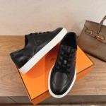 HERMES black leather low-top sneakers unisex luxury shoes