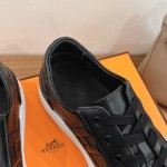 HERMES black leather low-top sneakers unisex luxury shoes