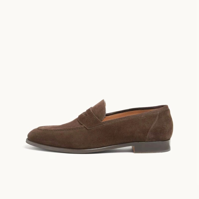 Loro Piana loafer FAO9641_H026 in chocolate brown suede, single side view, hand-stitched Italian slip-on shoe