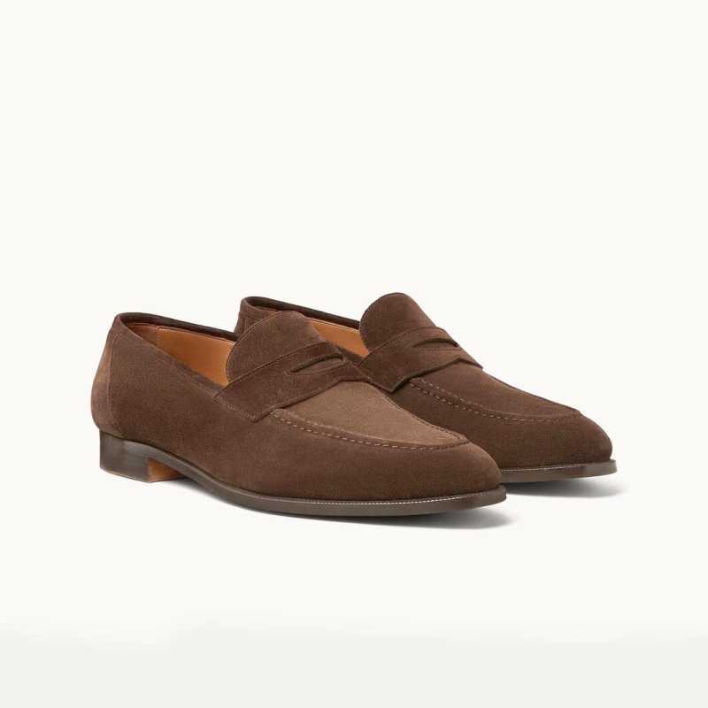 Loro Piana loafer FAO9641_H026 in chocolate brown suede, single side view, hand-stitched Italian slip-on shoe