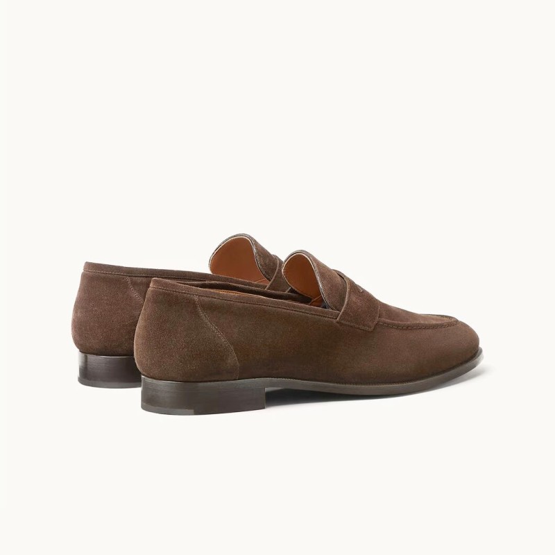 Loro Piana loafer FAO9641_H026 in chocolate brown suede, single side view, hand-stitched Italian slip-on shoe