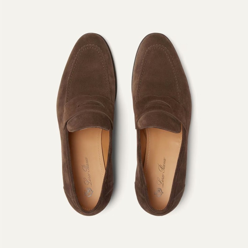 Loro Piana loafer FAO9641_H026 in chocolate brown suede, single side view, hand-stitched Italian slip-on shoe