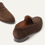 Loro Piana loafer FAO9641_H026 in chocolate brown suede, single side view, hand-stitched Italian slip-on shoe