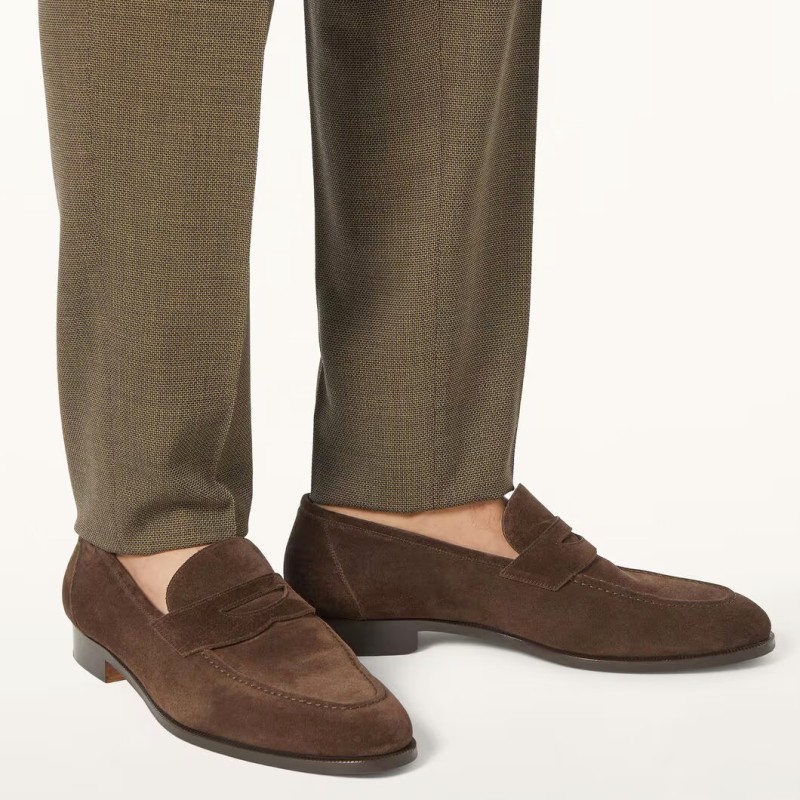 Loro Piana loafer FAO9641_H026 in chocolate brown suede, single side view, hand-stitched Italian slip-on shoe
