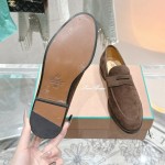 Loro Piana loafer FAO9641_H026 in chocolate brown suede, single side view, hand-stitched Italian slip-on shoe