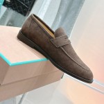 Loro Piana loafer FAO9641_H026 in chocolate brown suede, single side view, hand-stitched Italian slip-on shoe