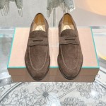 Loro Piana loafer FAO9641_H026 in chocolate brown suede, single side view, hand-stitched Italian slip-on shoe